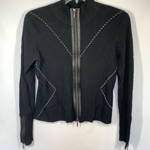 Madison studio full zip, black, leather trim, cardigan, size large ￼
